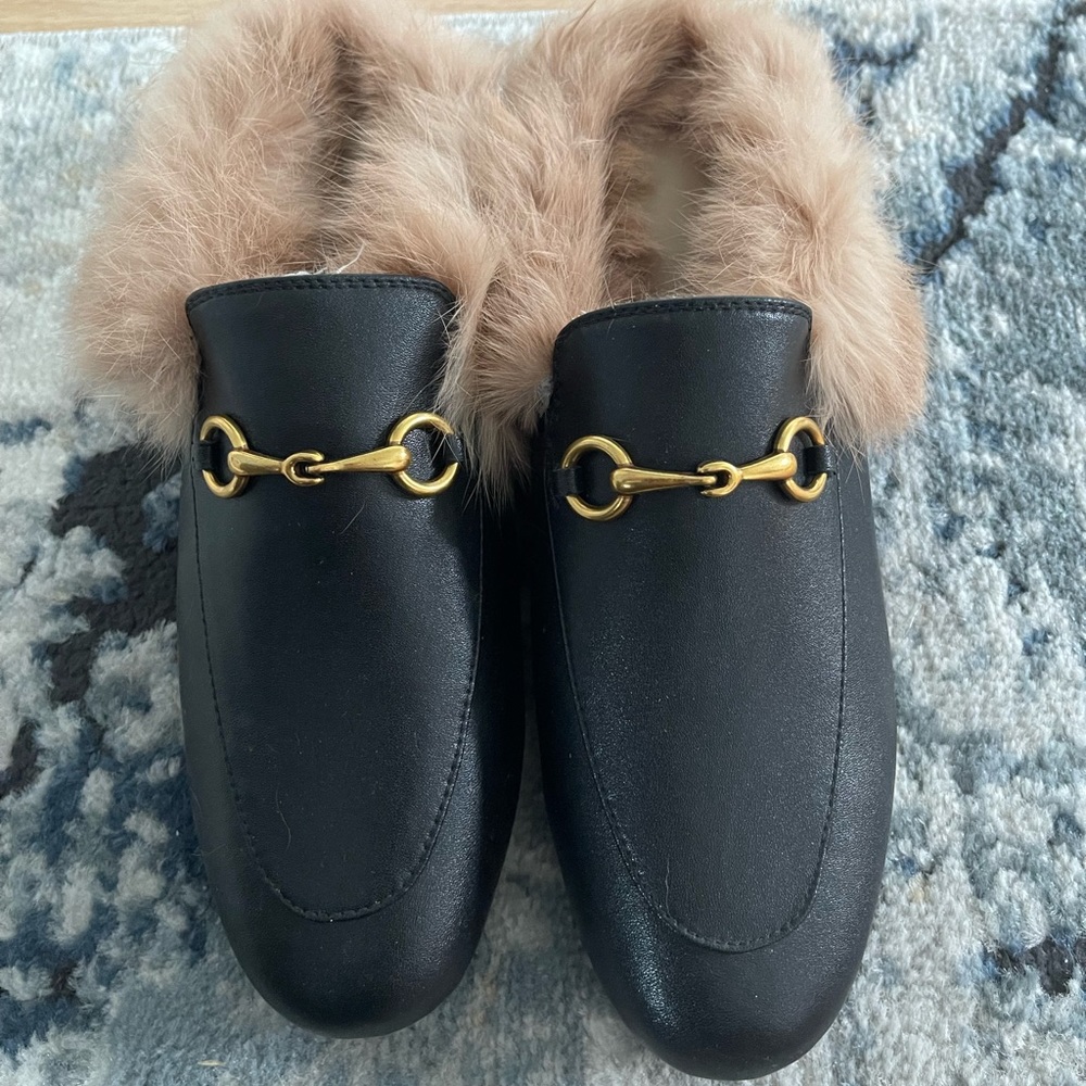 Fluffy black mules